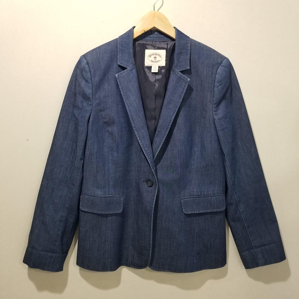 Brooks Brothers Red Fleece Blazer Womens 12 Blue Denim Jacket Cotton Stretch